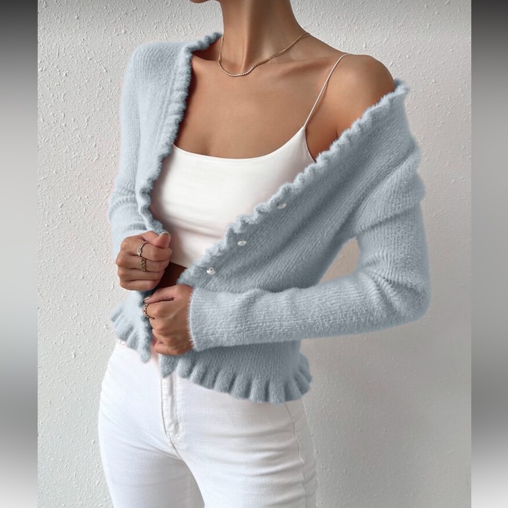 Soft Knit V-Neck Cardigan - Light Blue - Picture 2 of 7